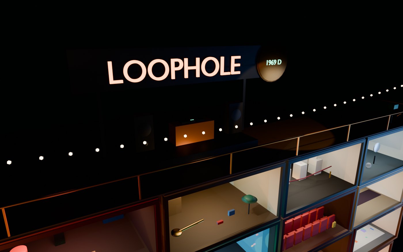 Concept render of the roof deck: a stage under string lights beside the LOOPHOLE sign