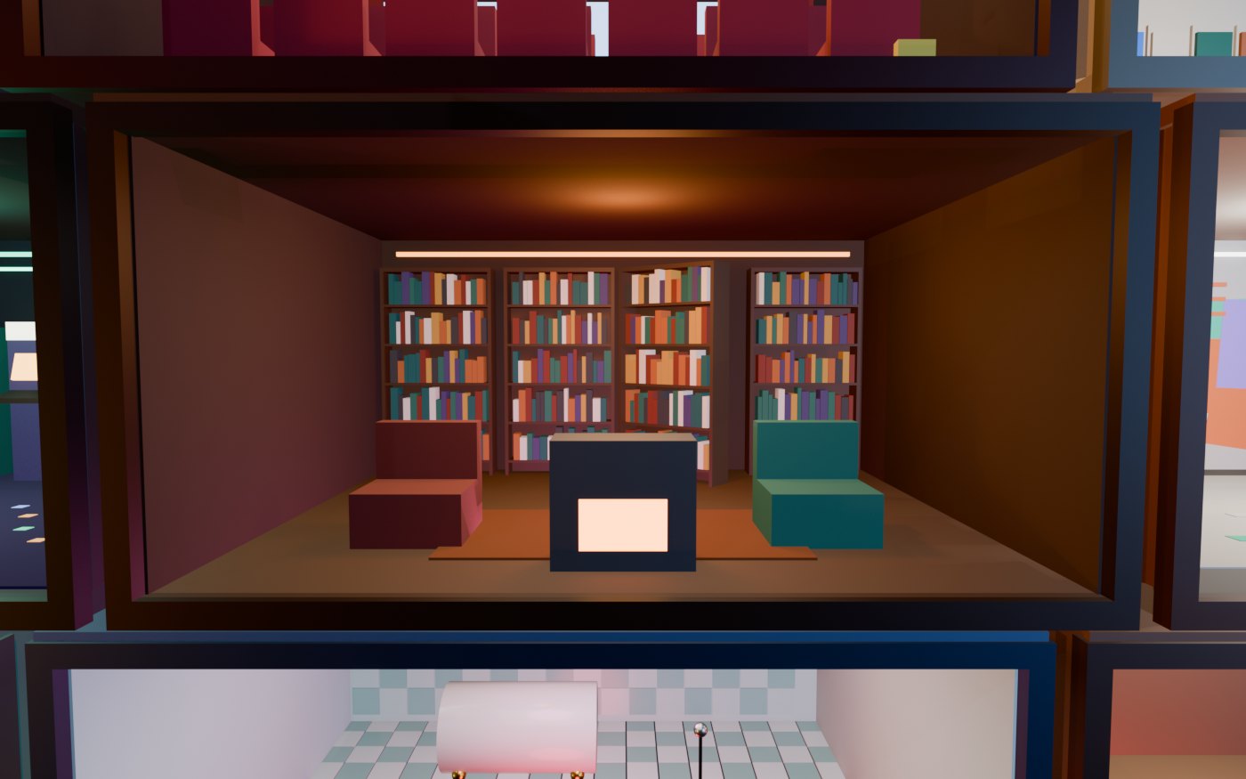 Concept render of The Bookcase Snug: find the right book and the bookcase swings open