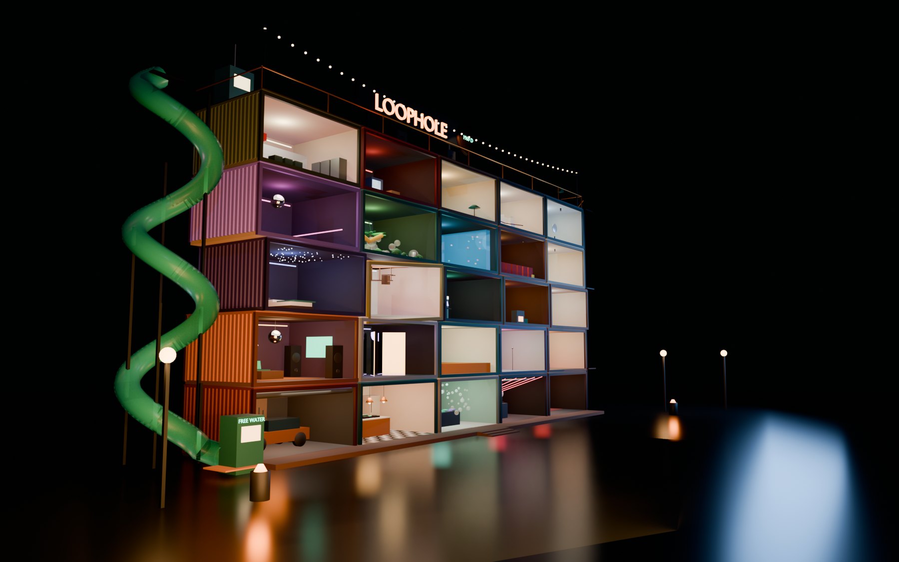 Concept render of Loophole from the street at night: stacked containers, a green tube slide spiralling down the left side and a free water booth on the porch