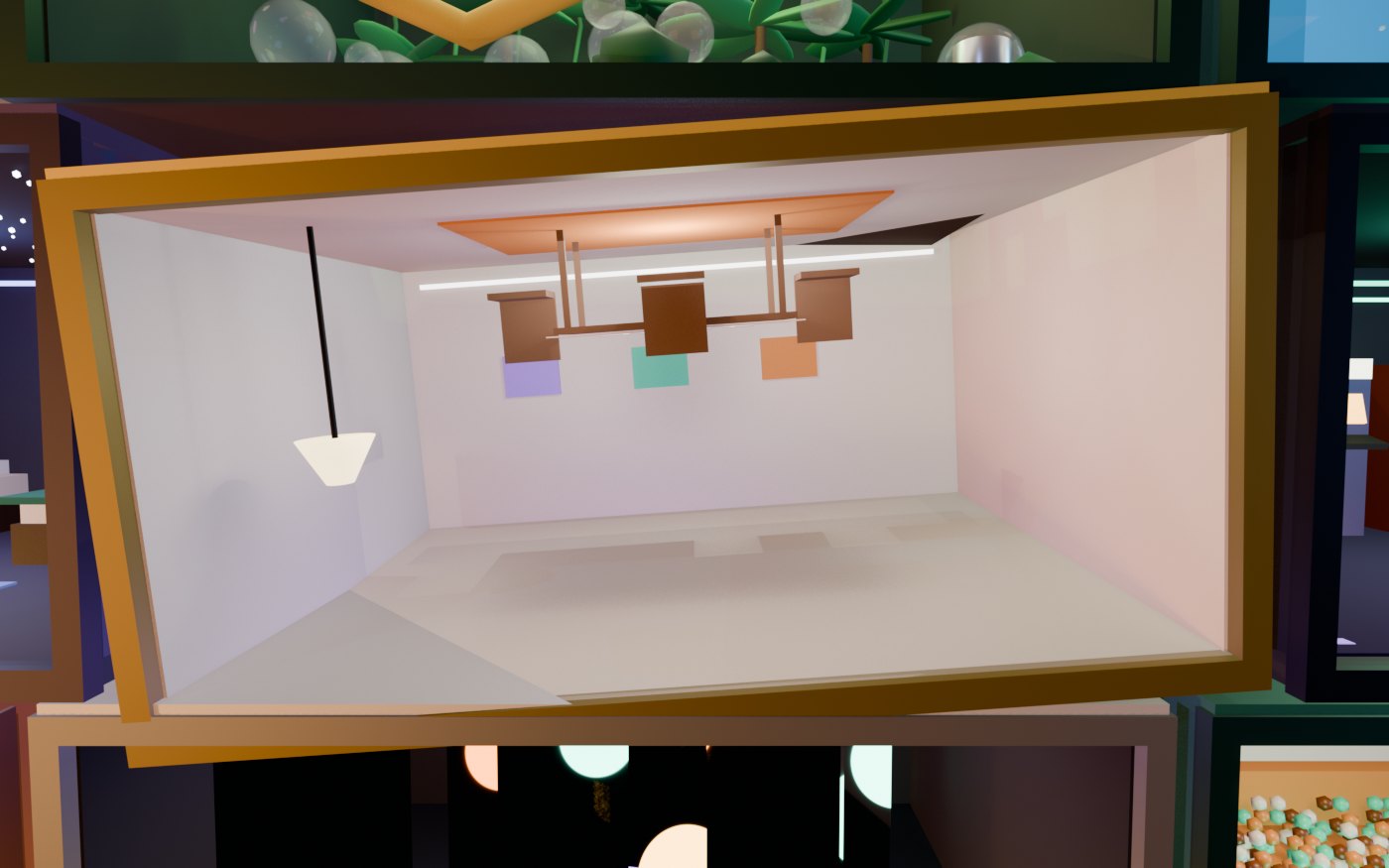 Concept render of The Upside-Down Room: the dinner table, the chairs and the lamp are on the ceiling