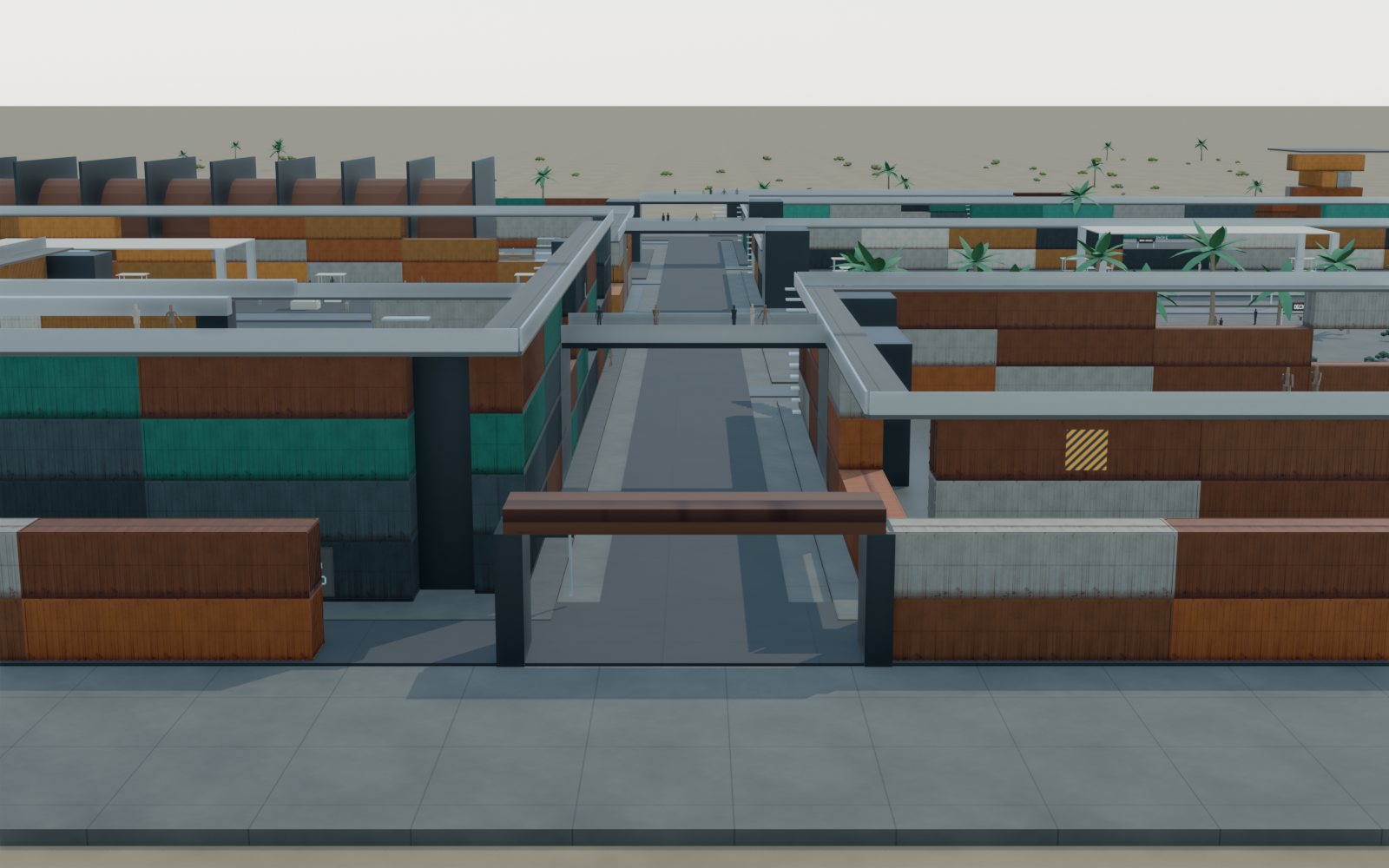 The north gate from outside, a steel portal frame over a street running between two container walls into the city.