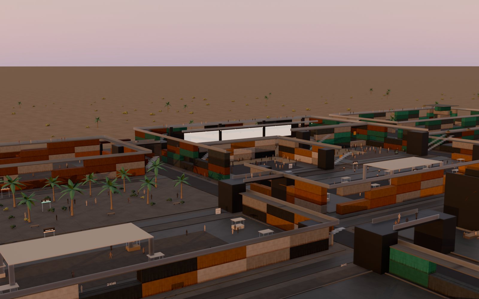Cargo City at golden hour, seen low and from the south west. A wall
              of stacked shipping containers in weathered copper, teal and cream
              runs along the near edge with a steel portal frame over the street
              that passes through it. Behind the wall, districts are built as
              container stacks two to four high around open courtyards, with
              roof decks, water tanks and solar frames on top, palms in the
              western garden, fabric canopies over the market, and a ribbed
              vault over the southern square.