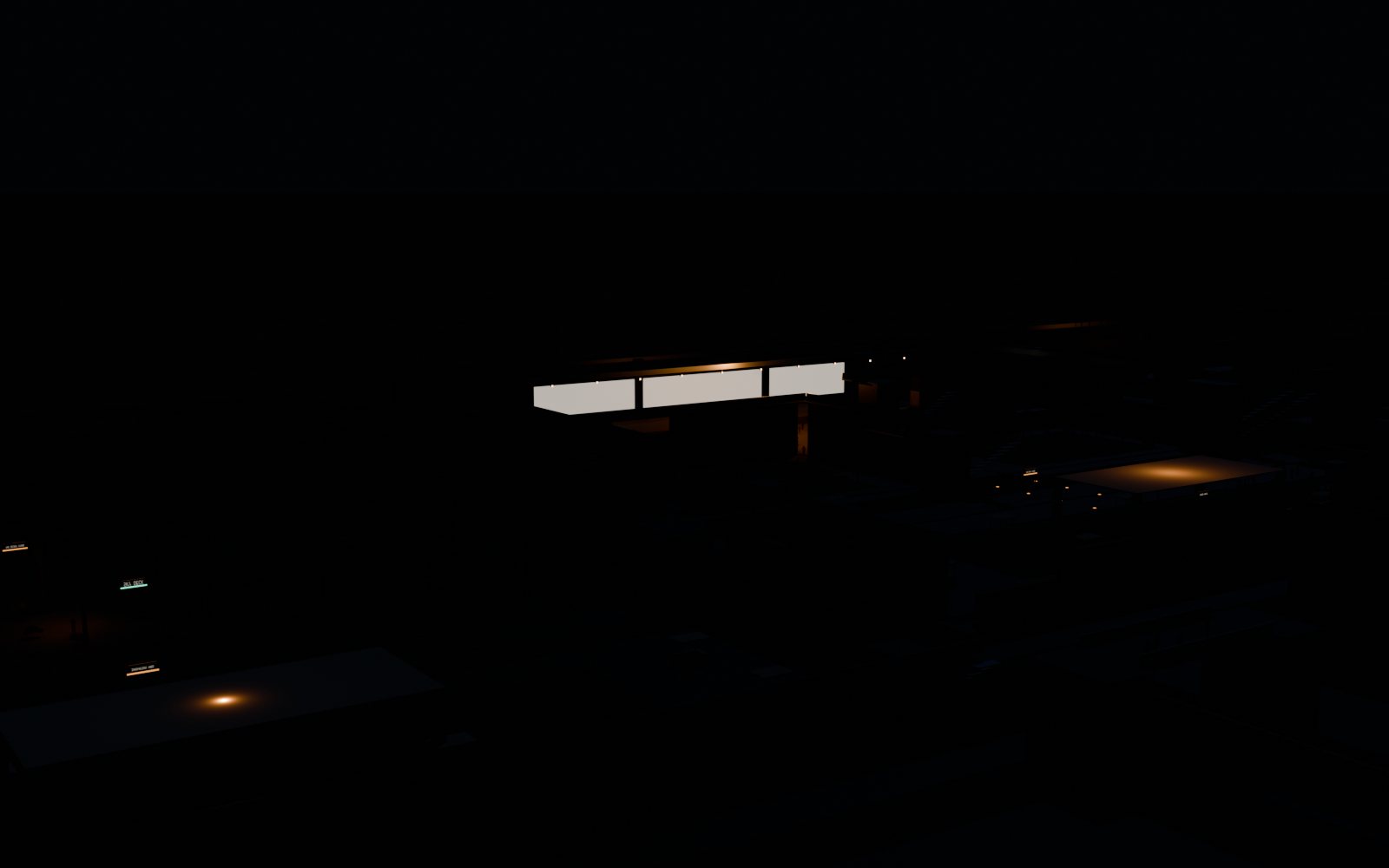 The city at night from the same place as the opening image, lit only where the site is lit, with dark ground between the lit places.