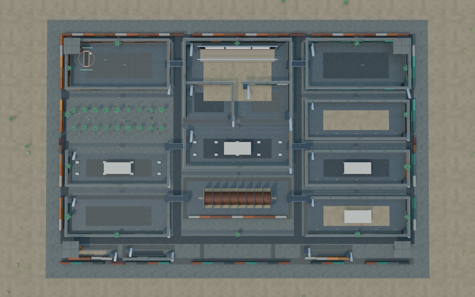 The site from directly overhead, showing the three columns of districts, the ring street, the two spines and the service edge.