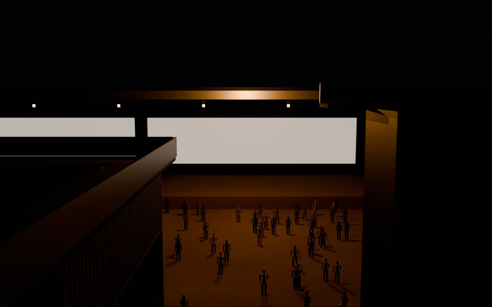 The main stage in the Voltage District at night, a lit screen and a truss of moving heads above a deck, with people standing in front of it.