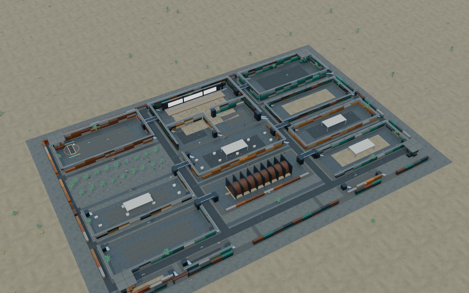 Cargo City in daylight from the air. Sixteen zones sit in three columns inside a perimeter of stacked shipping containers with towers at the four corners, each district built as a container stack around an open courtyard, roof decks and water tanks above, palms in the western garden, canopies over the two market districts and a ribbed vault over the southern square.