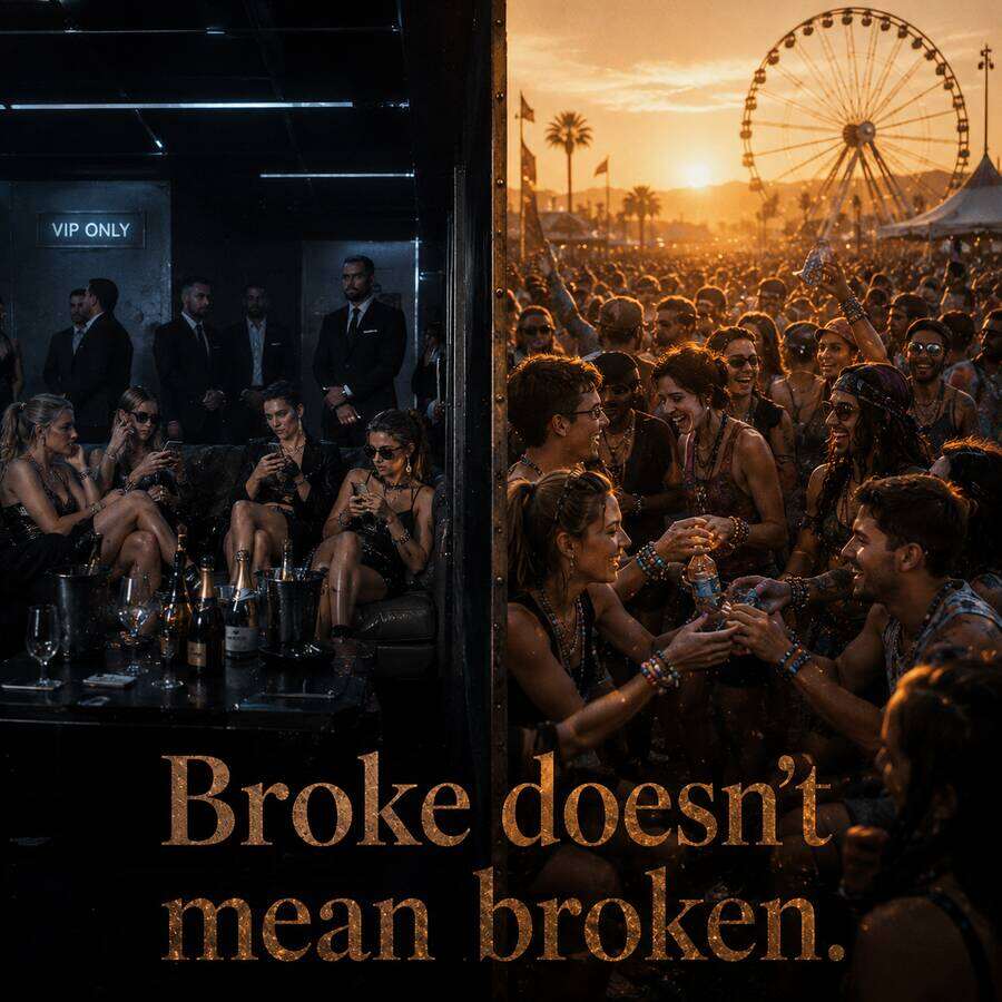 On one side a velvet-rope VIP world, on the other a warm crowd gathered around a fire