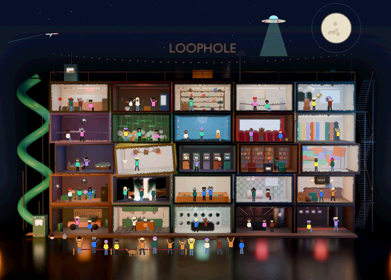 Loophole, our container house, drawn from its own 3D model: twenty-five lit rooms of people dancing, cooking and talking, a green slide down one side, a line of people with a dog outside the garage door, two door staff, and in the night sky a plane, a moon and a flying saucer shining a beam on the roof