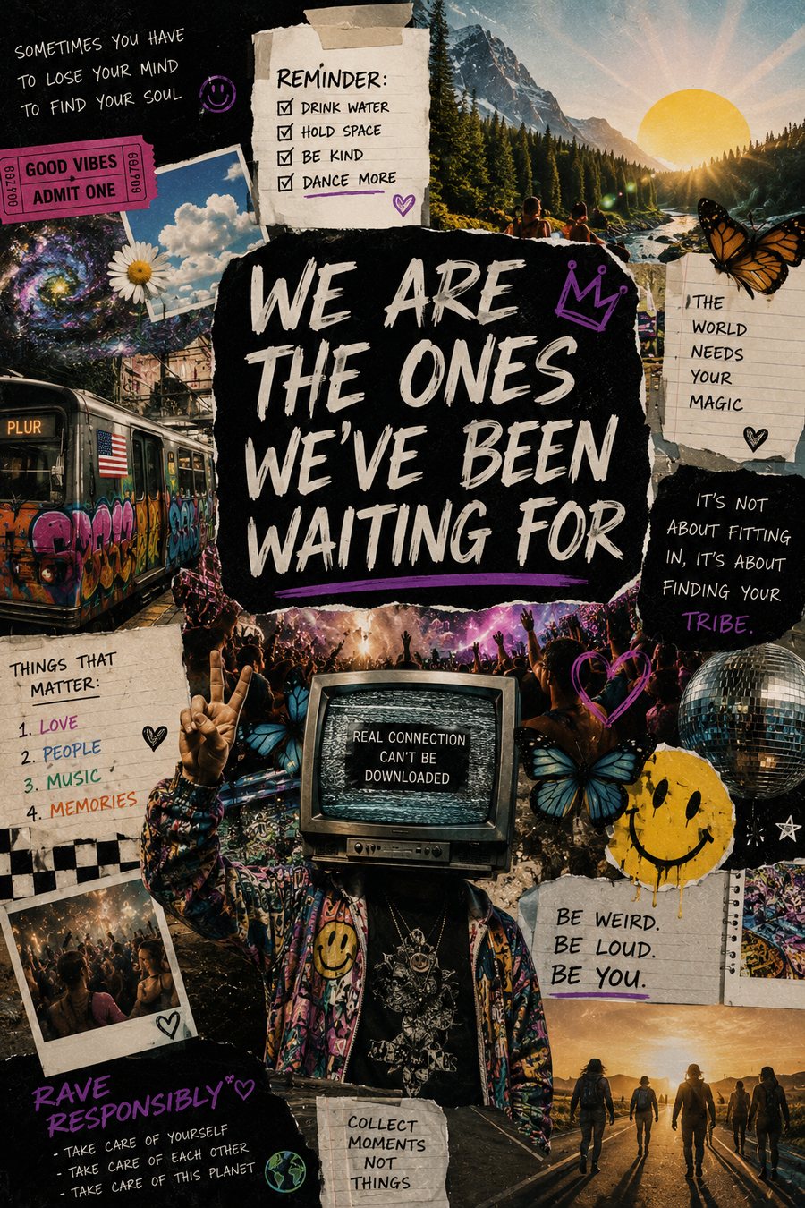 A pinned-up collage of notes and photographs. In the middle, in
                  large hand-drawn letters: we are the ones we've been waiting for.
                  Around it, a checklist headed Reminder that reads drink water,
                  hold space, be kind, dance more. A television set showing the
                  words real connection can't be downloaded. A list headed Things
                  that matter: love, people, music, memories. At the bottom, under
                  Rave Responsibly: take care of yourself, take care of each other,
                  take care of this planet.