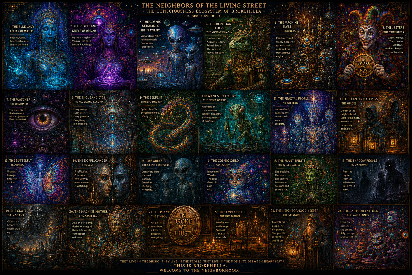 A crowd of figures rendered in copper and light, faces indistinct, standing together