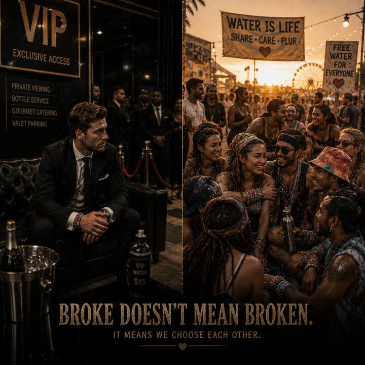 A roped-off VIP table beside one long shared table at golden hour