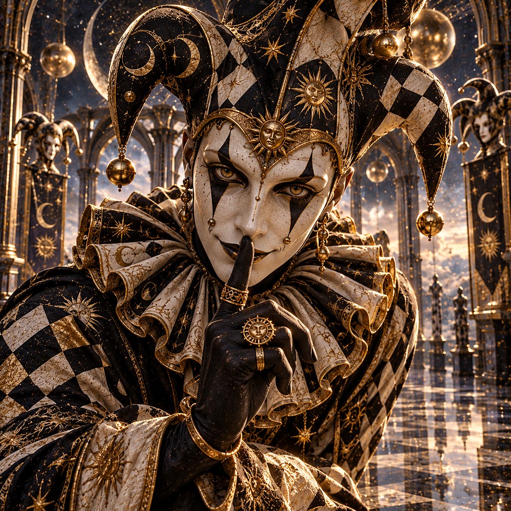 A grinning jester in a many-coloured belled cap and collar &mdash; The Jester