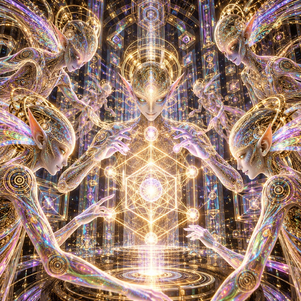 Slender luminous figures built from gold filigree, arms raised around a bright point of light.