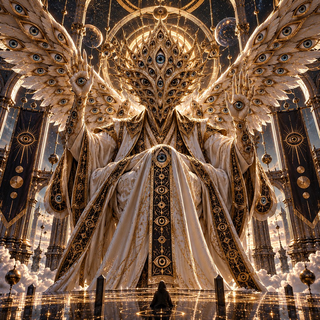 A robed white and gold figure with wide feathered wings, eyes patterned across the feathers and the halo.