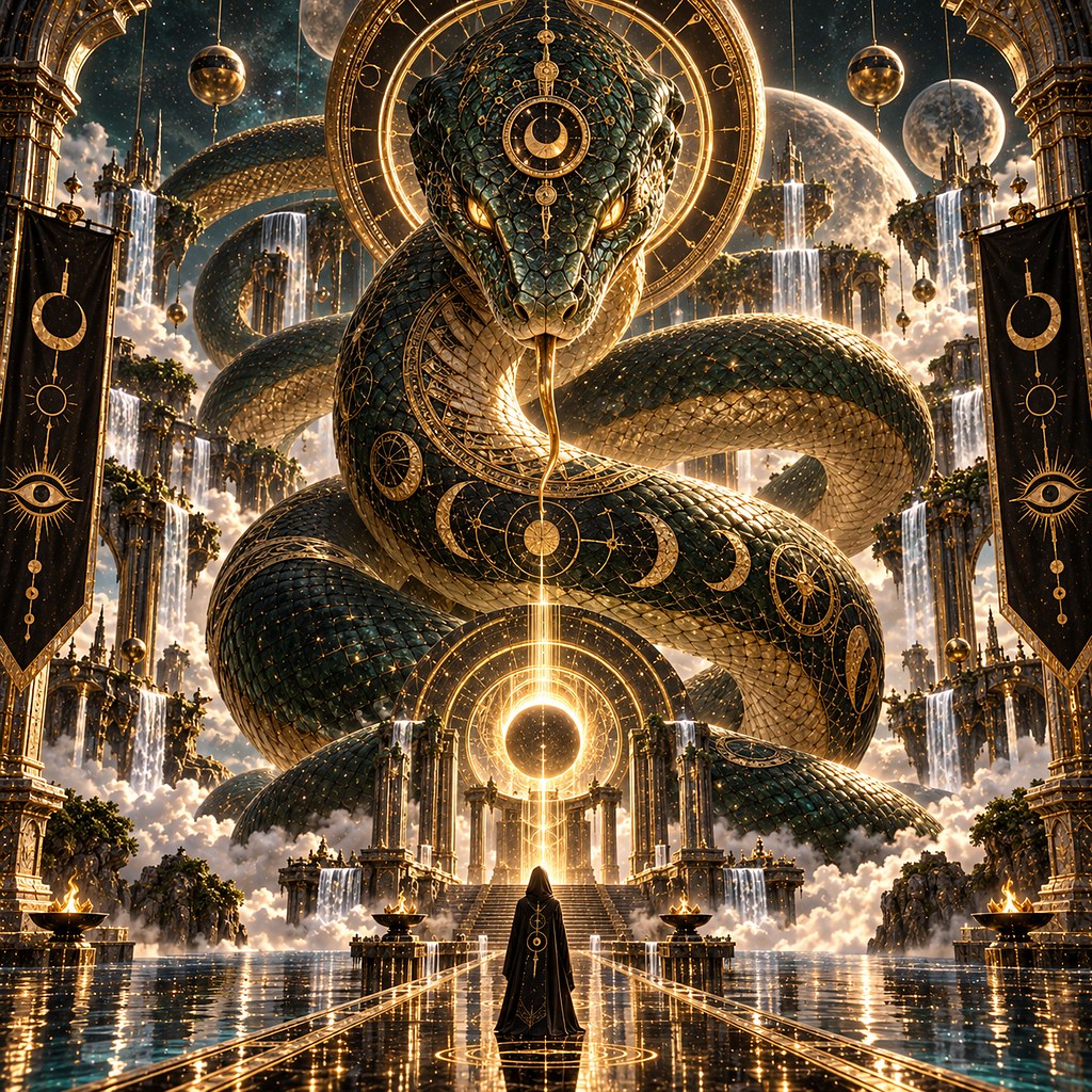 A great coiled serpent of green and gold scales, wound around a glowing ring above a stone plaza.