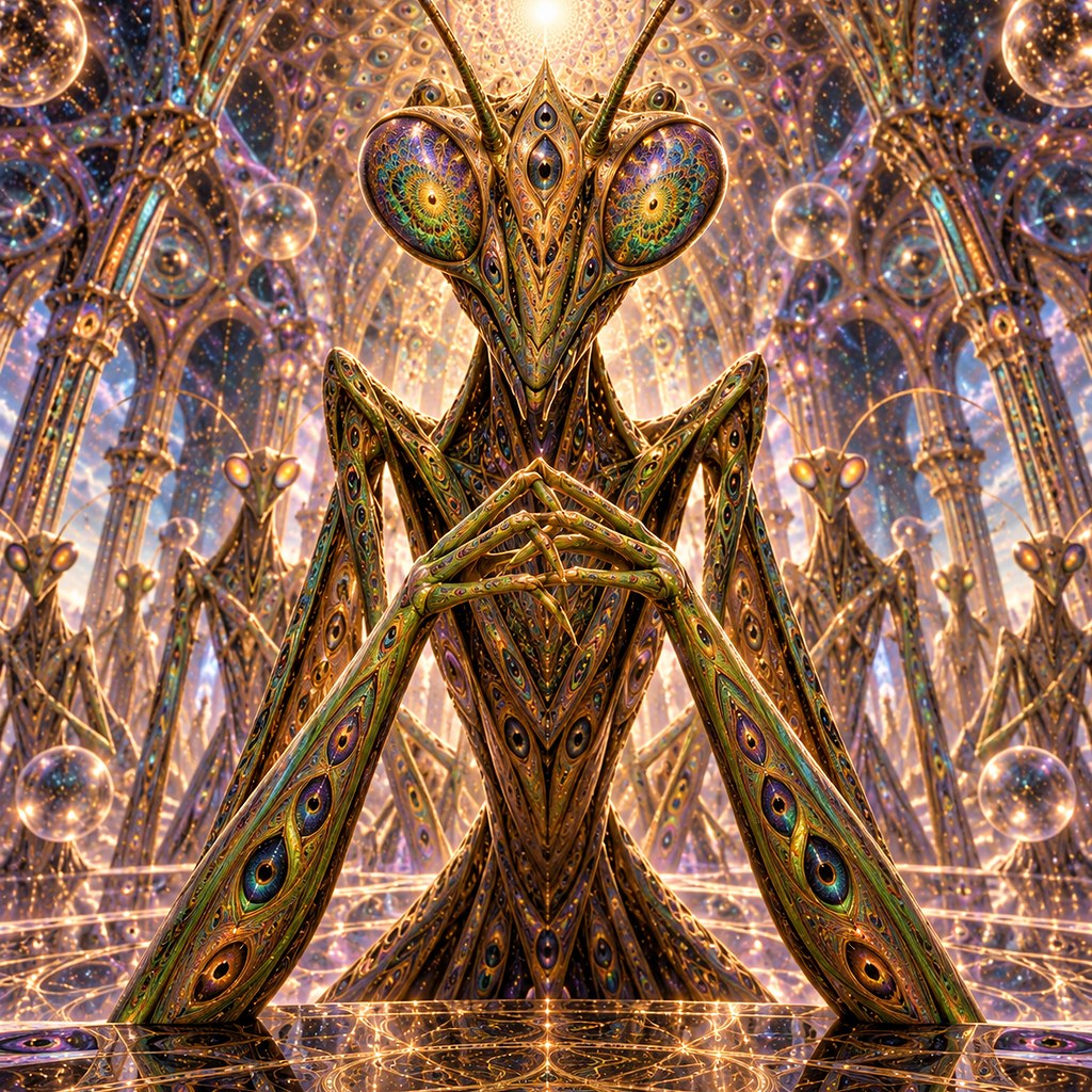A tall mantis with patterned green limbs and large compound eyes, forelegs folded together.
