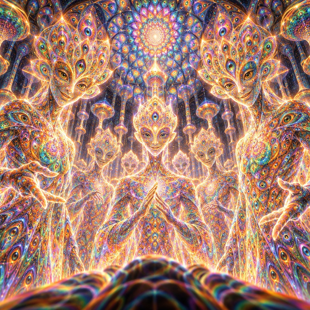 A dense field of repeating gold and violet pattern, faces and figures emerging from the repetition.