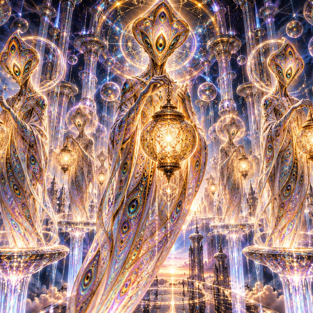 Hooded figures carrying lanterns in warm gold light &mdash; The Lantern Keepers