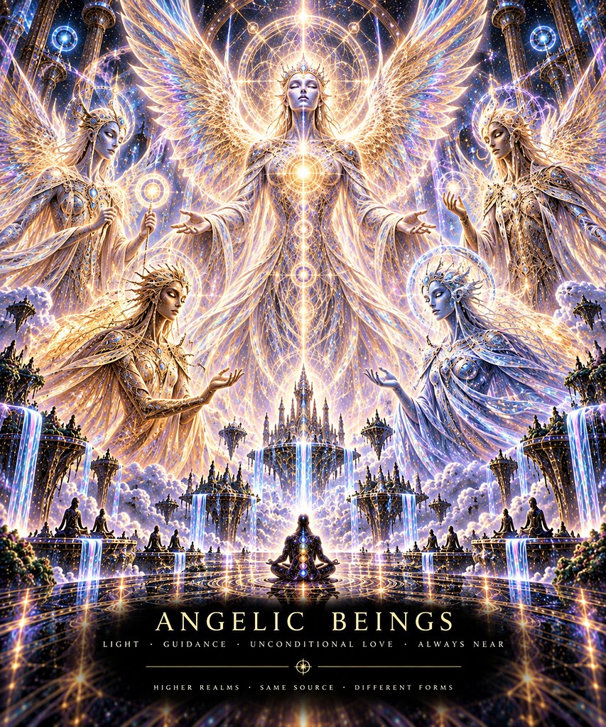 Five winged figures in white and gold with open arms, above a floating city of waterfalls and cloud.