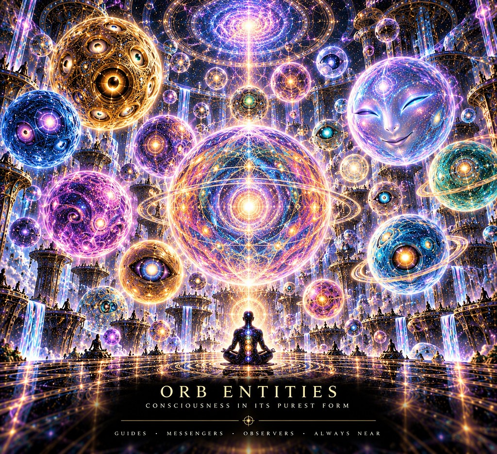 Dozens of glowing spheres in different colours filling a vast hall, one small seated figure below them.