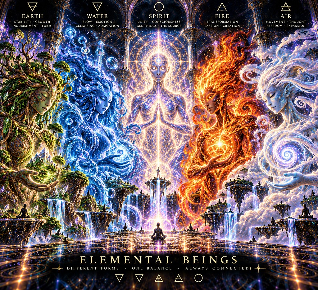 Five figures in one frame for earth, water, spirit, fire and air, each one made of its own element.
