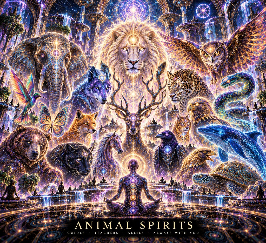 A gathering of animals drawn in light and pattern: lion, elephant, wolf, owl, whale, bear, deer and more.