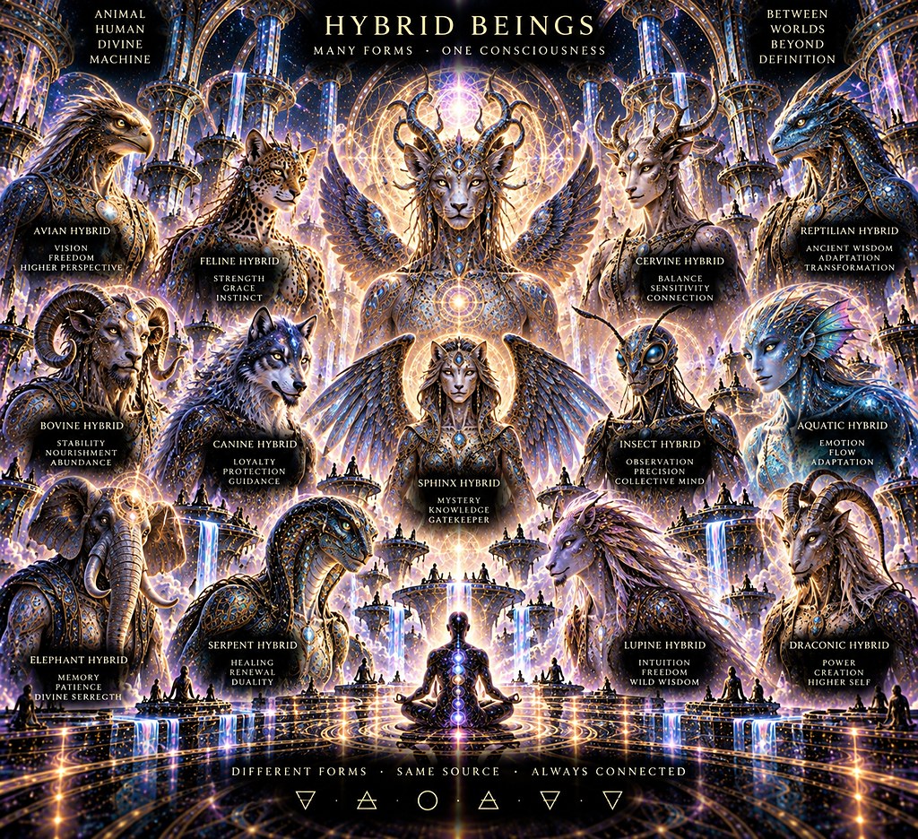 A symmetrical row of beings that mix human, animal, plant and machine features into single forms.