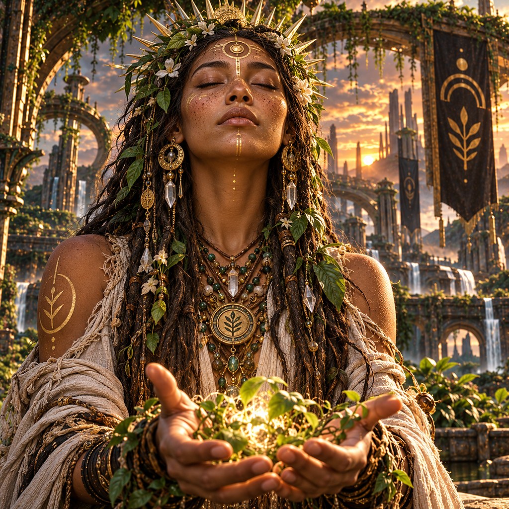 A woman with locs and a crown of leaves, holding soil and green shoots in cupped palms.