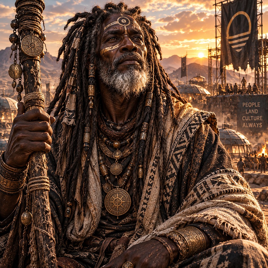 A bearded elder in woven robes holding a tall carved staff, a city behind him at sunset.