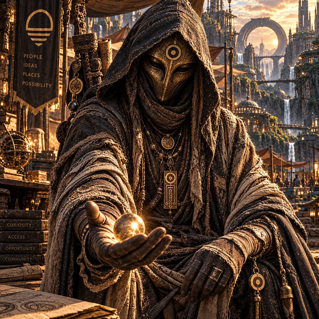 A hooded figure holding a small flame in an open palm, walking through a pale city of towers.
