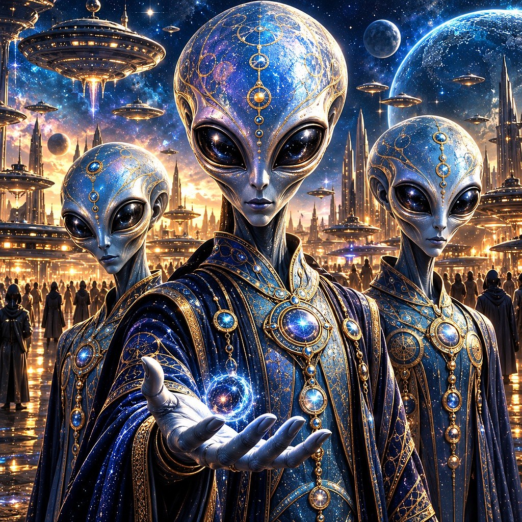 Three tall grey-blue beings with large dark eyes in patterned blue robes, craft passing overhead.