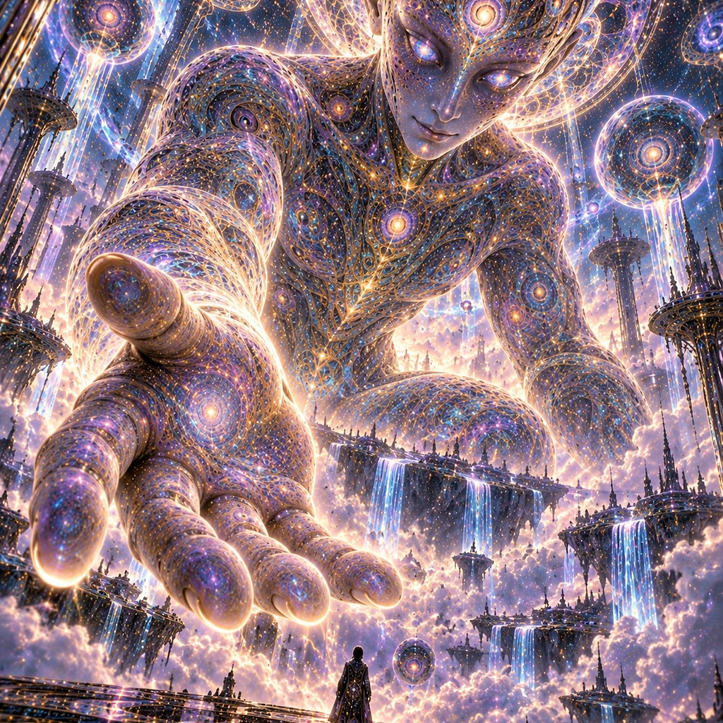 An enormous figure of pale patterned stone reaching one open hand down over a small city.