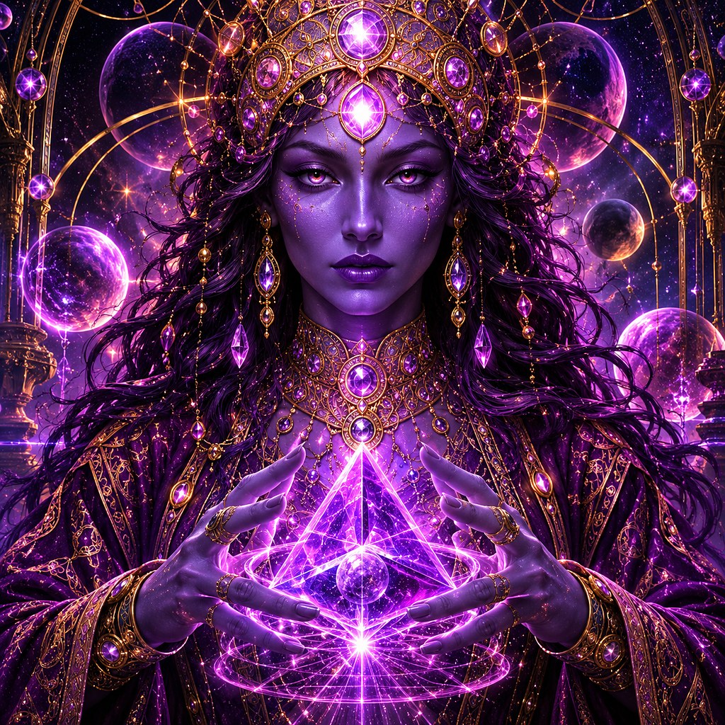 A violet-skinned figure in an ornate crown, a bright triangle of light held at the chest.