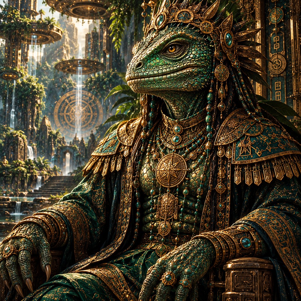 A crowned reptilian elder on a throne in gold ceremonial armour, a large dial worn at the chest.