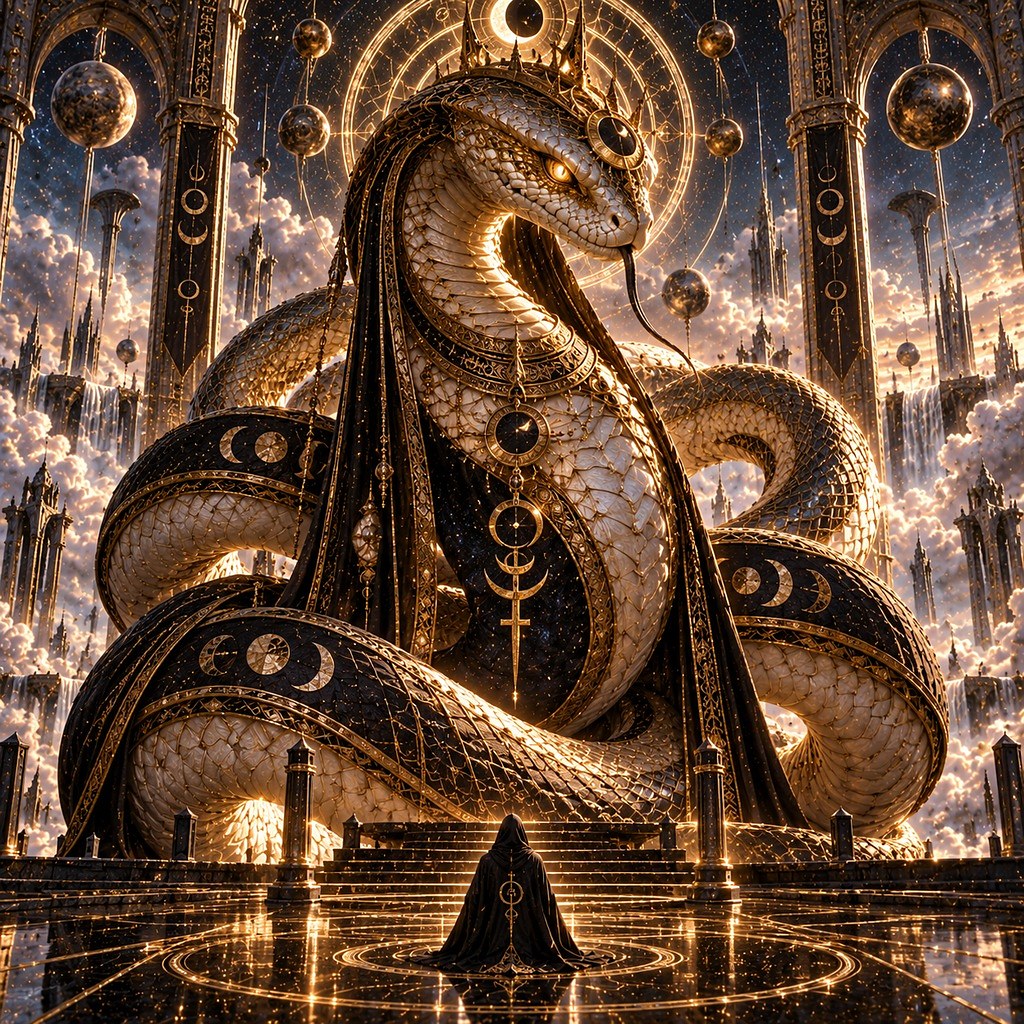 A golden serpentine form coiled around a bright structure, light spilling down the steps below it.