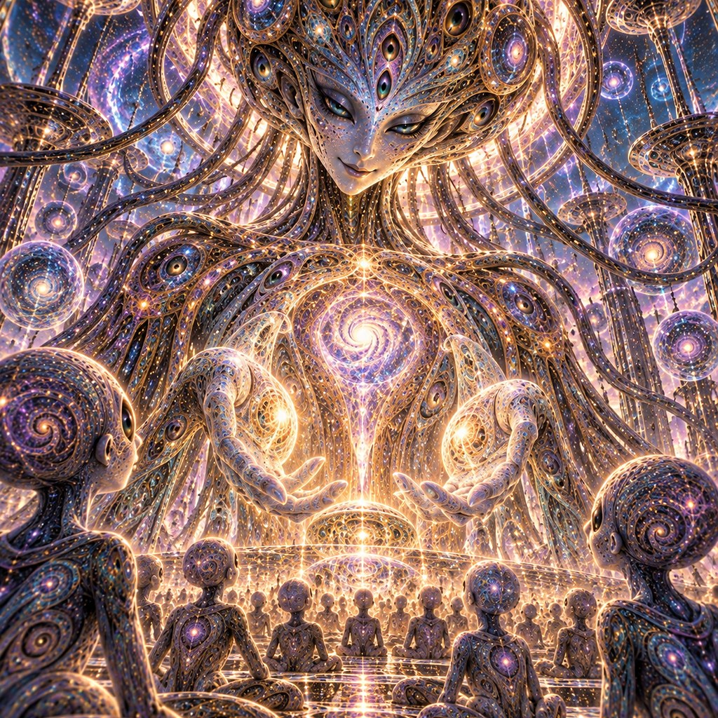 A pale many-armed figure with a spiral of light at the centre, small figures gathered below.