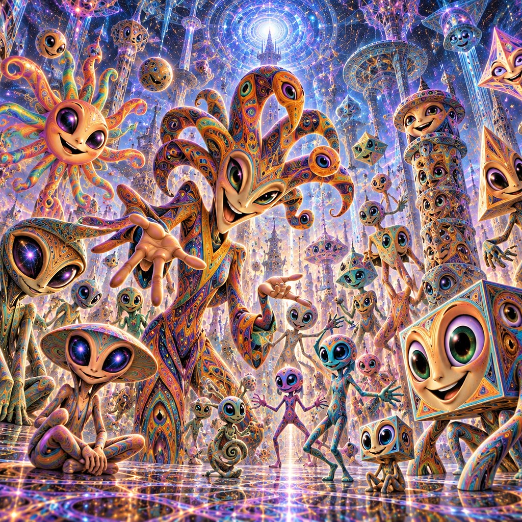 A crowd of bright grinning creatures built from simple shapes: a cube, a star, a spiral and a sun.