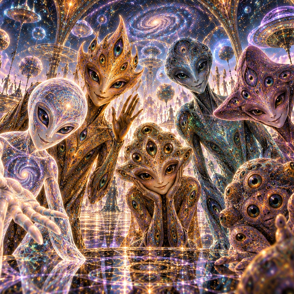Pale wide-eyed beings with elongated heads gathered close together, gold pattern across their skin.