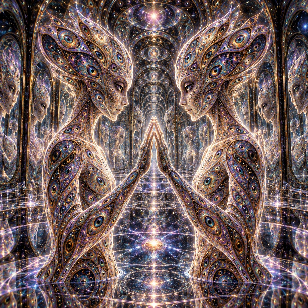 Two mirrored figures in profile facing each other, eye patterns repeating across both bodies.