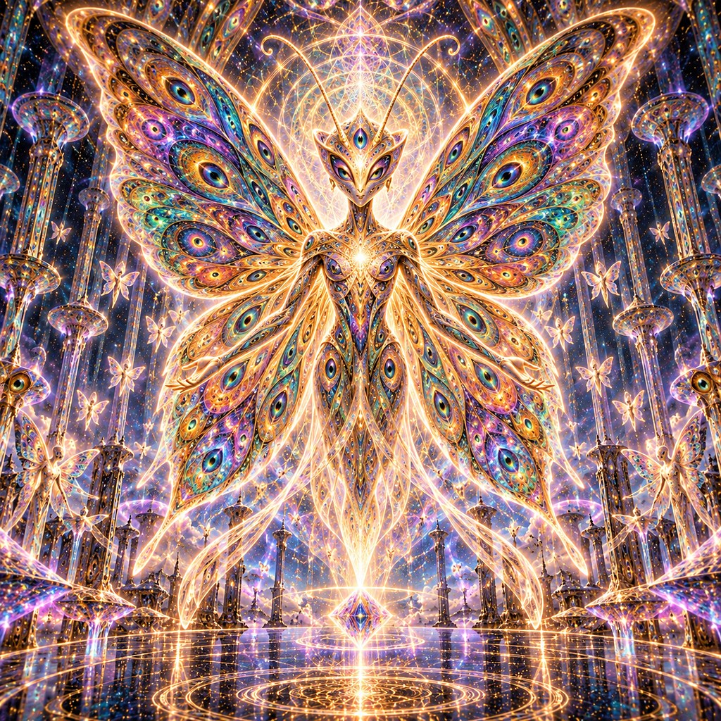A winged being with vast symmetrical wings covered in eye patterns, gold and iridescent.