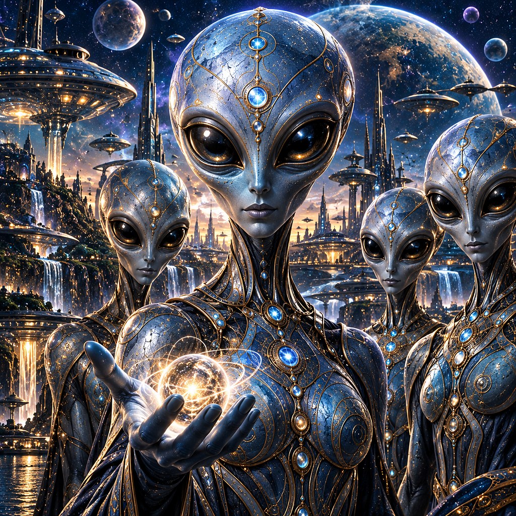 A group of grey beings under a sky of several moons, the nearest holding a small star in cupped hands.