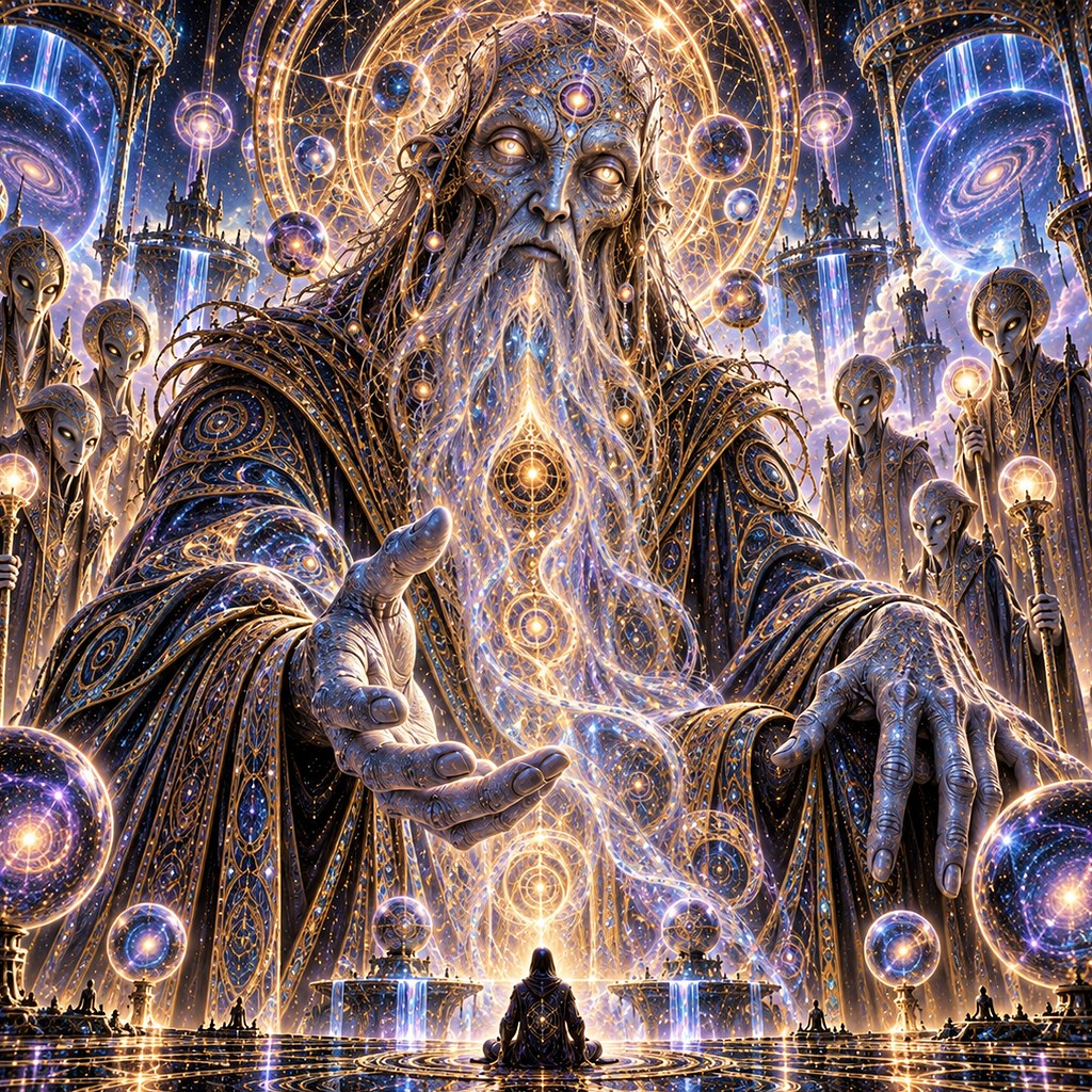 A robed elder with a long beard of light and open hands, one small seated figure far below.